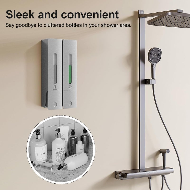 Aeakey Shampoo and Conditioner Dispenser 2-Chamber Wall-Mounted Shower Soap Dispenser, No-Drill Installation, 800ML Capacity, Ideal for Bathrooms and Hotels (Silver) - Image 2